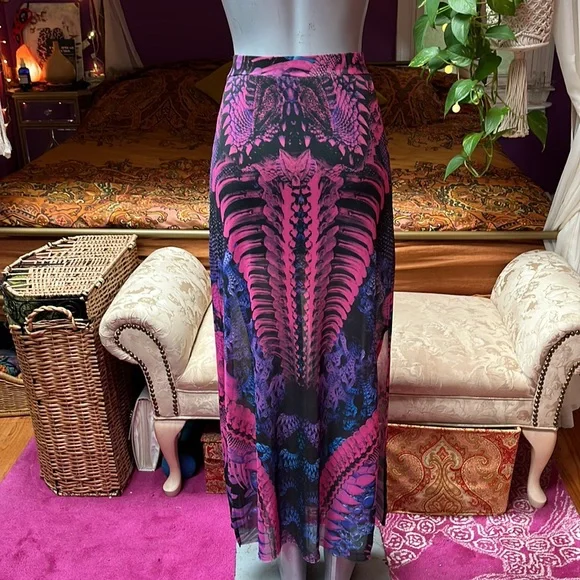 Vintage Lip Service Pink & Purple Cyber Alien Skeleton Mesh Maxi Skirt - Picture 4 of 5